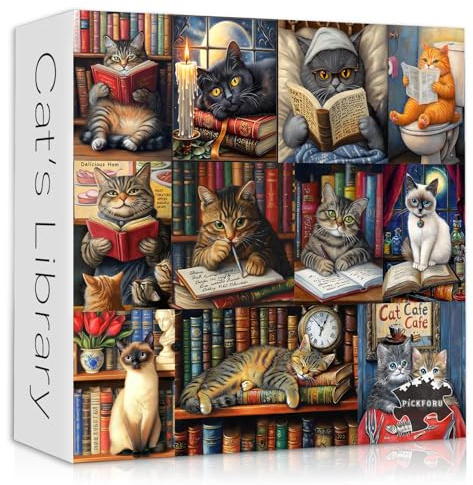 Vintage Cat Puzzles for Adults 1000 Pieces，PICKFORU Retro Cat Library Themed, Book Kitten Bookshelf Jigsaw Puzzles Collage Challenge