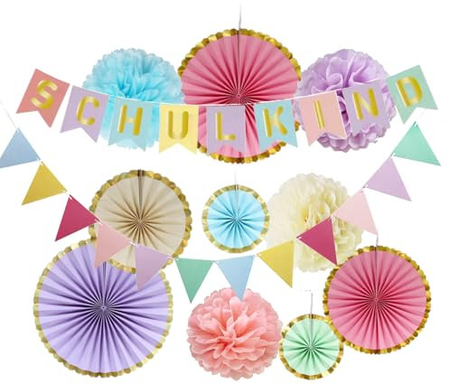 Einschulung Deko Pastell Schulkind 2025 Mädchen Junge 12 Stück Schulanfang Deko Set mit SCHULKIND Girlande, Wimpelkette, Pompons und Papier Fächer Geschenke zur Einschulung Schulkind