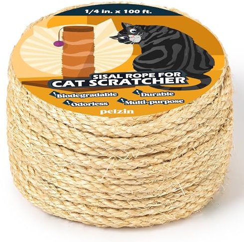 Pelzin Natural Sisal Rope for Cat Scratcher 6mm by 30m, Cat Tree Rope Twine for Pet Scratching Post Replacement, Pet Tower with Scratch Post Repairing, Replace, Recovering and DIY, Natural
