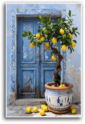 Mediterranean lemon tree wall art rustic blue door lemon print italian kitchen art european wall art aesthetic picture blue yellow kitchen decor canvas print interior decoration