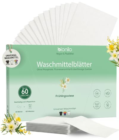 Bionilo Waschmittel-Blätter – Frühlingswiese-Duft – Nachhaltige, kraftvolle Reinigung, ohne Plastikverpackung, optische Aufheller & Parabene, Umweltfreundlich – Für bis zu 60 Waschladungen