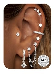 CASSIECA 7 Paar Ohrringe Silber Set, 316L Chirurgenstahl Ohrringe für Damen Medizinische Ohrstecker Creolen mit Ketten für Mehrfachpiercing Ohrringe Hängend Helix Tragus Piercing Ohr Silber