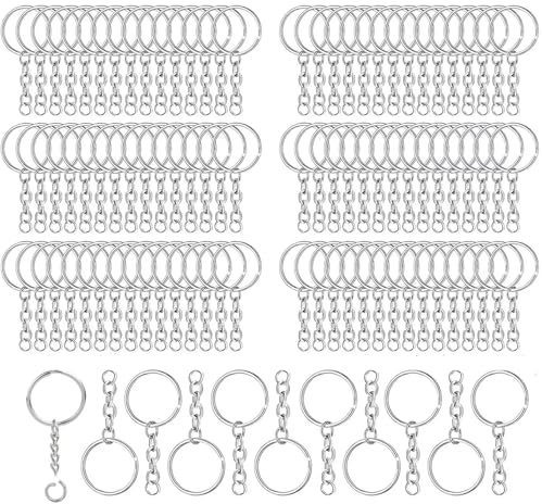 100 Set Schlüsselanhänger Ring mit Kette Open Jump Ringe 24mm Reifen für DIY Handwerk, Schmuck, Schlüssel, Anhänger Silber