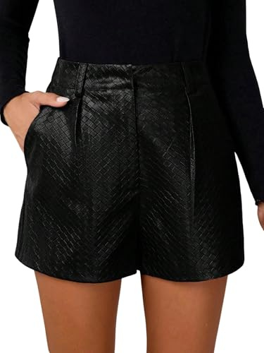 SOLY HUX Damen PU Leder Short Booty Shorts Party Shorts Herbst Kurze Hosen Festival Outfit Clubwear Hotpants mit Taschen Schwarzes Leder L