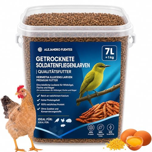 AF® Larve di Mosca Nera Essiccate 1kg, 7L Alternativa Camole della Farina Mangime Uccelli Selvatici 43% Proteine, Snack Naturale per Galline e Ricci, Più Energia 575kcal con Zip