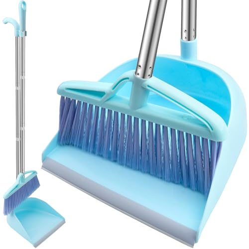 LHNNDM Long Handled Dustpan and Brush, Broom and Dustpan Set, High Capacity Sweeping Brush Set, Household Dust pan Combo for Indoor Outdoor Garden Home Room Kitchen Office Lobby (Nordic Blue)