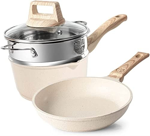 NCVGYOK Wok-Set, Antihaft-Pfanne, Steinküche, Reistopf, Doppelkessel, Boiler mit Glasdeckel, Bratpfanne, Bratpfanne