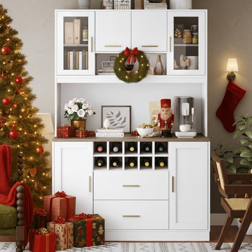 YEHTOKHOME Buffet Cuisine Rangement avec Prises Électriques et LED, Buffet Haut Cuisine 120×36×180 cm, Plan de Travail, 6 Portes, 2 Tiroirs, Cave à Vin, Style Campagne (Blanc)