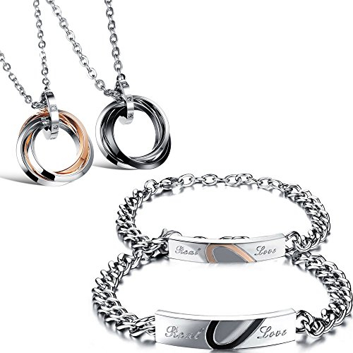 Kim Johanson Edelstahl Pärchen Schmuckset Armbänder & Ketten Spirit für verliebte Roségold & Schwarz mit Cubic Zirkonia inkl. Schmuckbeutel