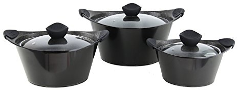 CAIA 3pc Die-cast Non-Stick Marble Coated Stockpot Set with Glass Lids (Black)