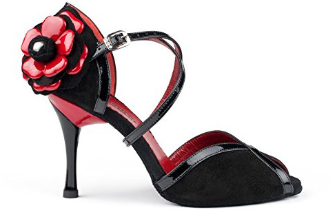 PortDance - Donne Scarpe da Ballo PD501 Tango - Nubuck/Vernice Nero/Rosso - 7,5 cm Slim [EUR 35]