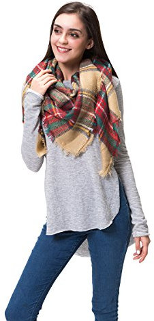 Lemef Damen Schal Kariert Winterschal Quadratisch Deckenschal Karo Tartan Streifen Plaid Muster Oversized Fransen Poncho