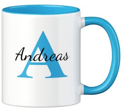 LOOXIS mug personnalisé bleu clair calligraphie + nom de votre choix (idée cadeau pour conjoint(e), amis, famille pour anniversaire, anniversaire de mariage, Noël)