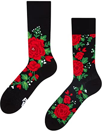 Dedoles Socken Unisex Damen Herren & Kinder Baumwolle viele lustige Designs 1 Paar Geschenk links rechts verschieden, Farbe Schwarz, Motiv Rosen, Gr. 39-42