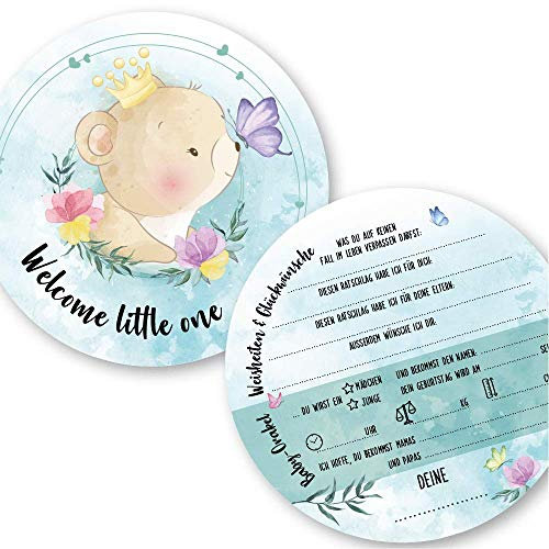 Babyparty Spiele Rate mal Karten (25 Karten, Deutsch, Motiv Bär) - Babyshower Ratespiel Mädchen und Junge - Baby Orakel Deko (Rund (Durchmesser 14,8 cm))
