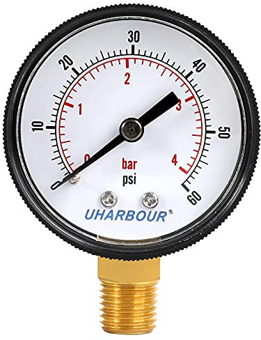 Uharbour Medidor de presión de piscina, manómetro para filtro de piscina y bomba, montaje inferior NPT de 1/4 pulgadas, manómetro de filtro de piscina, rango de 0 a 60 psi/kpa