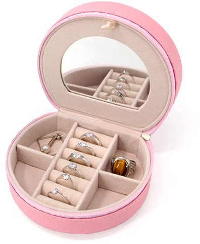 MAGIC SELECT Kleine Runde Reise-Schmuckschatulle. Mini-Schmuck-Organizer. Tragbare Schmuckschatulle mit Spiegel und Reißverschluss für Ringe, Ohrringe, Armbänder, Halsketten.