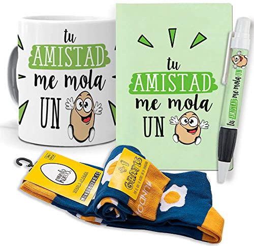 Super Regalo Personalizado para Amigos. Tu Amistad me Mola un Huevo. Taza, libreta, boli y Trio de Calcetines