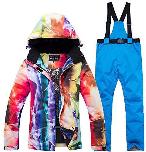 WYOUTDOOR Skianzug für Damen, Winterjacke und Skihose, bunt, Snowboard, Jacke und Hose mit Trägern, wasserdicht, mit Kapuze, Schneeanzug, Blaublau, L