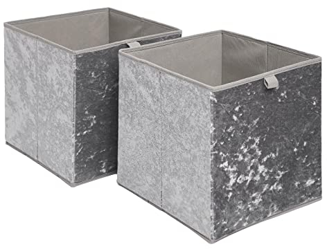 OHS Pack Of 2 Crushed Velvet Storage Boxes Set Home Bathroom Collapsible Foldable Toys Pop Up Folding Cube Box, Charcoal Grey