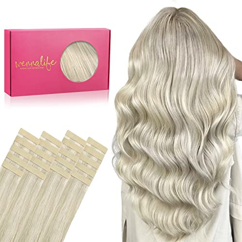 WENNALIFE Tape Extensions Echthaar, 20pcs 50g 40cm 16 Zoll Aschblond Highlights Platinblond Remy Invisible Tape Extensions Seidig Gerade Echthaar Extensions Skin Weft Tape Ins