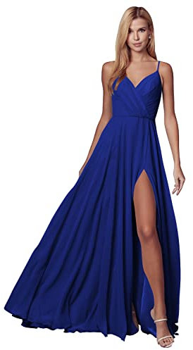 WSEYU V-Ausschnitt lange Brautjungfernkleider mit Schlitz Chiffon A Linie Plissee Ballkleider mit Taschen C055A, königsblau, 48