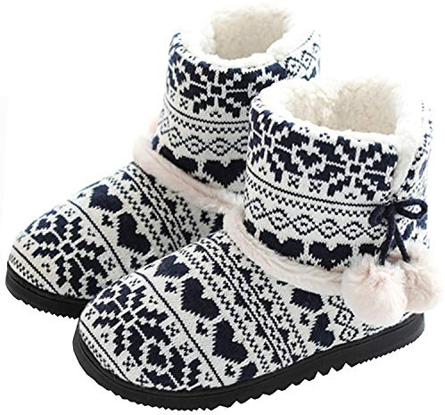 DimaiGlobal Damen Herren Hausschuhe Stricken Hüttenschuhe rutschfeste Wolle Hausstiefel Pantoffeln Plüsch gefüttert Warme Hüttenstiefel Winter Drinnen Draußen