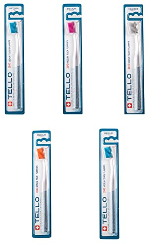 5x TelloTello Brush Medium 3940 - Handzahnbürste - Medium Borsten für Erwachsene mit super weichen abgerundeten NOLLEX® Borsten -Zufällige Farbe