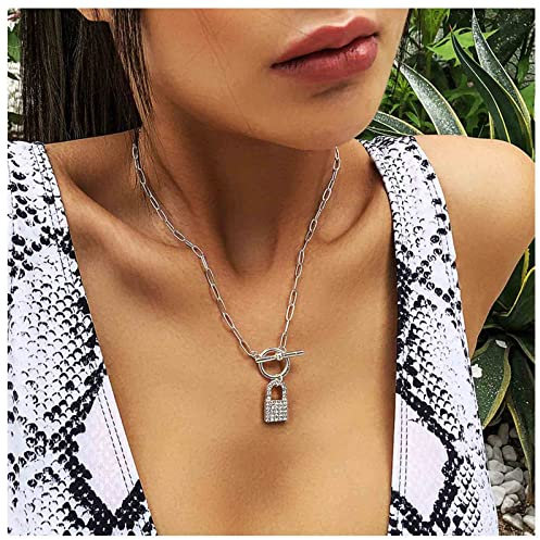 Yheakne Boho Rhinestone Lock Pendant Necklace Silver Paper Clip Chain Choker Necklace Cz Paved Padlock Necklace Circle T Bar Toggle Necklace Chain Jewelry for Women and Girls (Silver)
