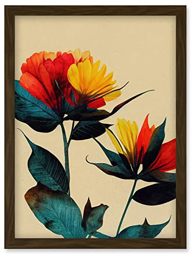 Wee Blue Coo Botanical Bold Flowering Yellow Red Teal Artwork Framed Wall Art Print A4