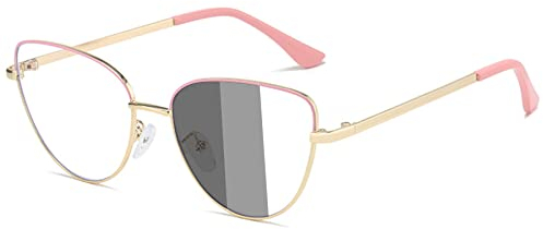Lanomi Photochrome Selbsttönende Katzenauge Blaulichtfilter Brille ohne Sehstärke Retro Cateye Sonnen Computerbrille Metall Dünner Rahmen UV Schutz Brillenfassung Rosa und Gold