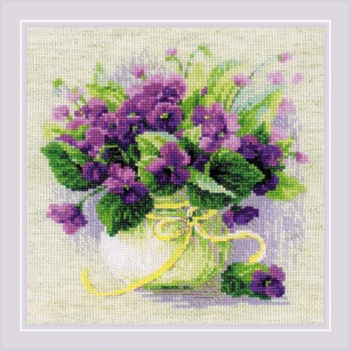 RIOLIS 2091 Veilchen im Topf Zählmuster-Kreuzstich-Set 22.2 x 22.2 cm | 14 ct flachsfarben Zweigart Aida, 19 Anchor-Baumwolle Farben, Anfänger bis Mittelstufe, Stickvorlage & Nadel inklusive