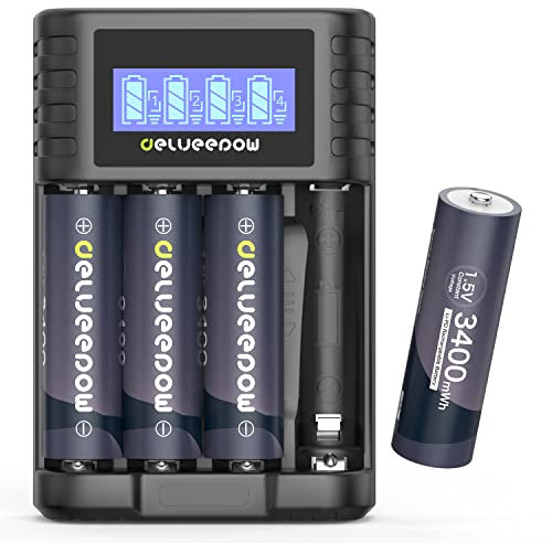 Delyeepow Batteria al litio da 1,5 V AA Rechargeable 3400 mWh 4-Pack,Rechargeable Battery AA with Charger,LCD 4 Slot AAA AA Battery Charger(USB Fast Charging, Independent Slot)