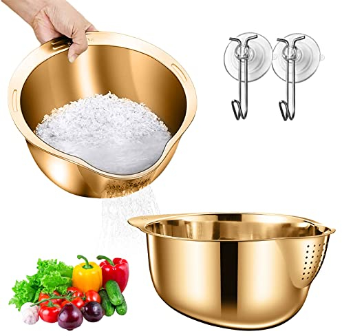 2Pcs Stainless Steel Washing Bowl and Strainer, 3-in-1 Multipurpose Fine Mesh Strainer for Rice, Vegetables and More (Gold)