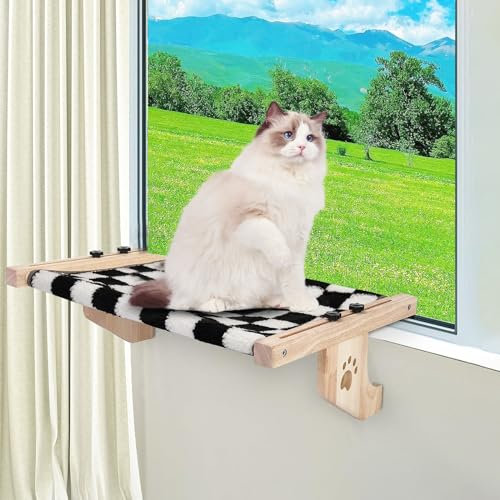 Hamaca para ventana de gato con marco de madera y metal y juguete para gatos fácil de montar para alféizar de la ventana (L-26 x 14.5 x 6.7 pulgadas, gris + rejilla de tablero de ajedrez)