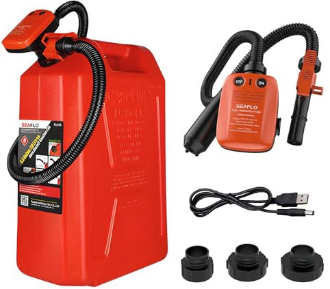 SEAFLO Rechargeable Automatic Electric Fuel Pump Transfer Pump (Flow Rate 2.3 GPM - 3.1 GPM) with Hose Suction Pipe Length (18”/ 465mm) and Flexible Discharge Hose Length: 41”/ 1050mm, SFFTP5-024-02