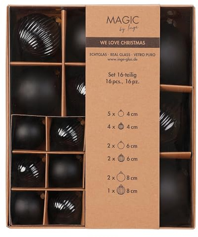 Inge-glas Weihnachtskugeln 16 STK 4,6,8 cm | Sortiment mit Rillen Strukturkugeln | Dekorative Christbaumkugeln (Ebony Black | schwarz)