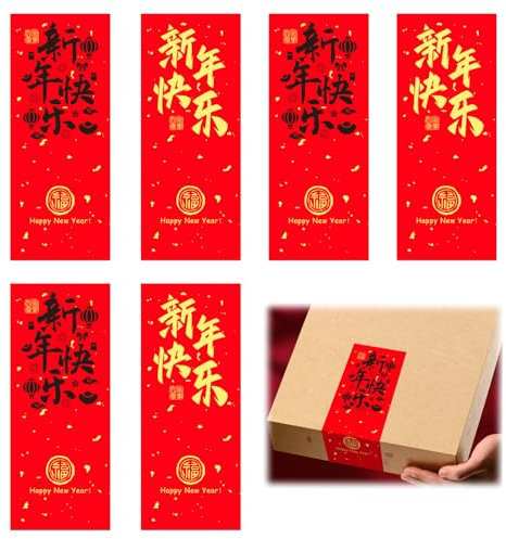 Fayemint 100 Pièces Autocollant D'emballage du Nouvel an Chinois, Long Autocollants Faits à la Main, Autocollant Cadeau Long Style Rouge, pour Biscuits, Gâteaux, Chocolats