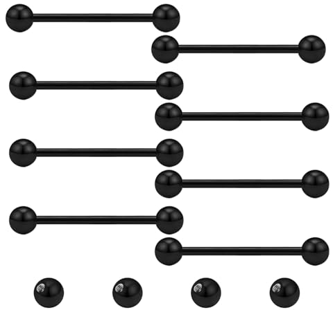 Gojewen 8er Zungenpiercing Brustwarzenpiercing und 4er Ersatzkugel Chirurgenstahl Schwarz Piercing Zunge Brustwarze Barbell 16mm