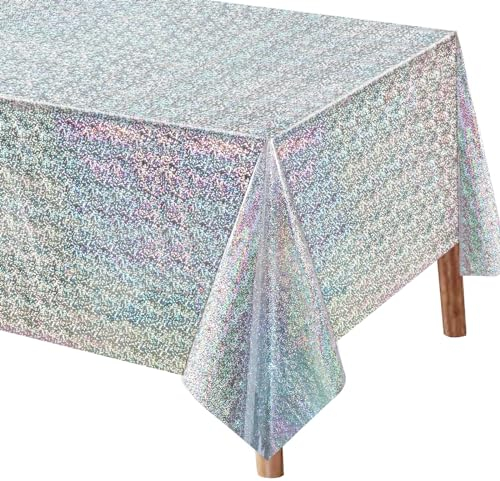 Lemicin Glitzer Tischdecke Silber Party - 137 x 274 cm Silber Glitzer Tischtuch Plastik Tischdecke Dekorationen für Mädchen Frauen Einhorn Geburtstag Einschulung Schulkind Jubiläum Feier