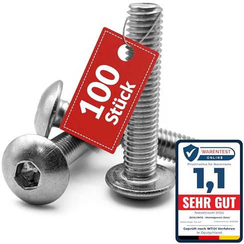 Qualinos 100x hochwertige Zaunschrauben zur Doppelstabmattenzaun Befestigung, M8 x 40mm 5,5mm 6-Kant aus V2A Edelstahl. Die Zaunbauschraube als Stabmattenzaun Zubehör für Gabionen und Stabmattenzaun