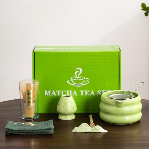 Service à thé matcha japonais 7 pièces, kit matcha avec bol à matcha (avec bec verseur), fouet à matcha, porte-fouet, passoire – Ensemble élégant à matcha pour offrir et usage personnel, emballage