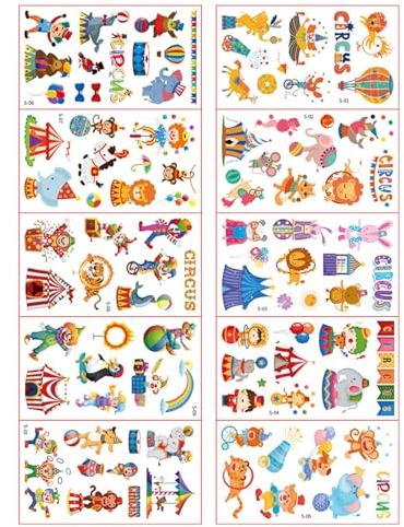 yanwuwa 10 Teile/Satz Cartoon Zirkus Troup Aufkleber Kinder Geburtstag Party Favor Bunte Temporäre Einfach Entferner Tattooes Cartoon Aufkleber Für Kinder Cartoon Aufkleber Für Erwachsene
