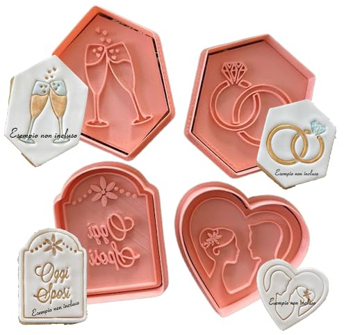 Tagliabiscotti.it - Set di quattro Cookies cutter (Oggi sposi + Calici + Fedi nuziali + Silhouette sposi) Matrimonio - Tagliabiscotti per realizzare biscotti in frolla o Pdz - Dimensioni Vedi Foto