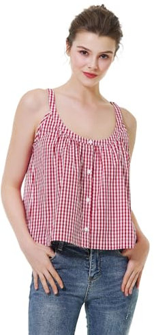 BEAUTELICATE Damen Tank Top 100% Baumwolle U-Ausschnitt Cami Oberteil Ärmellose Sommer Retro Kariertes Crop Top Knopf Singlet (Rot & Weiß,S)