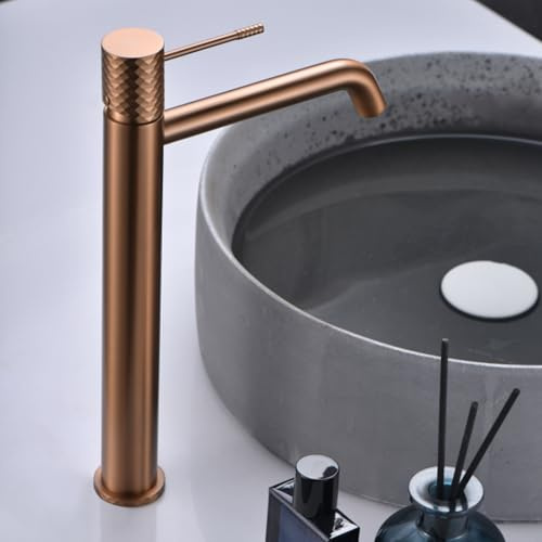 IMEX - Grifo Lavabo Oro Rosa Caño Alto | Grifo Baño Mezclador Agua Fria y Caliente | Grifería Monomando Efeto Cascada con Caño de Latón y Ahorro de Agua | Serie Génova | Color Oro Rosa Cepillado