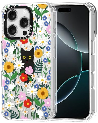 MOSNOVO Case for iPhone 16 Pro, [Buffertech 6.6ft Military-Grade Drop Protection] [Anti Peel Off Tech] Clear TPU Bumper Phone Case Cover Design - Black Cat in Garden
