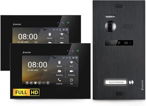 BALTER EVO-HD Video Türsprechanlage, Video Türklingel, 1 Familienhaus Klingel, 2X 7 Zoll HD-Monitore, Full HD-Kamera, 2 Draht Bus, Gegensprechanlage mit 175° Weitwinkel-Kamera, Schwarz