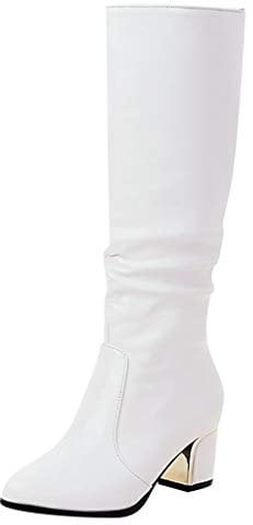Stivali da donna con tacco elegante, in pelle, con tacco a blocco, a gambo lungo, sopra il ginocchio, in pelle PU, a mezza altezza, bianco, 37