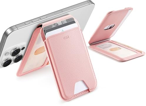 ESR Cartera Aura con MagSafe(HaloLock), Compatible Magsafe Wallet, Soporte Ajustable, 5 Tarjetas, Cuero Vegano, para iPhone Series 16/15/14/13/12, NO para 13/12 Mini, Rosa Chicle